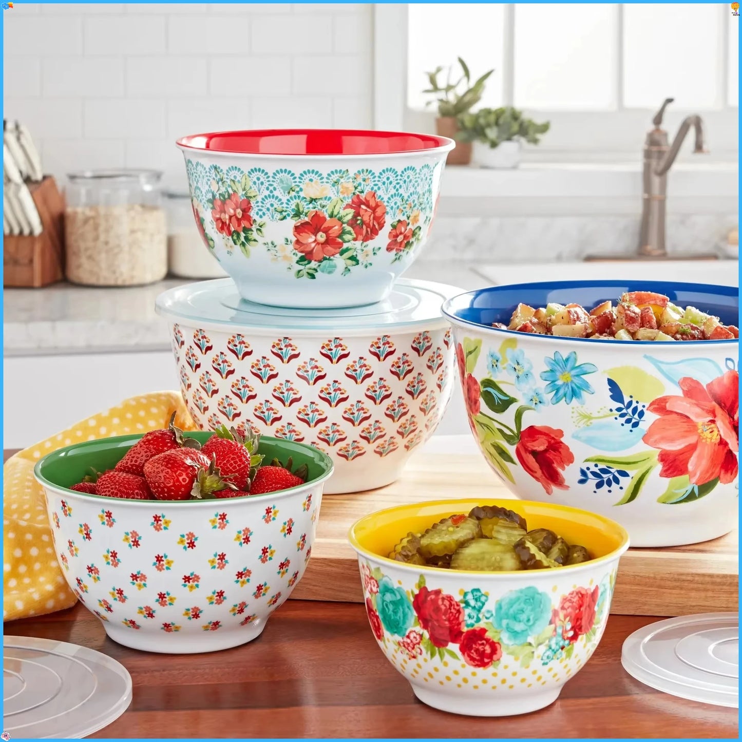 10 Piece Spring Bouquet, Melamine Nesting Mixing Bowls with Lids