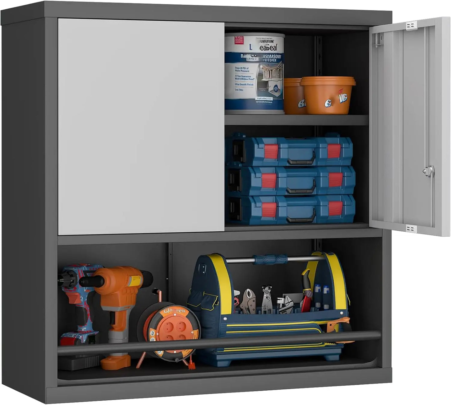 31" H Locking Metal Garage Storage Cabinet with Doors and Shelves, Lockable Wall Cabinet Storage, Black Steel Wall Mount