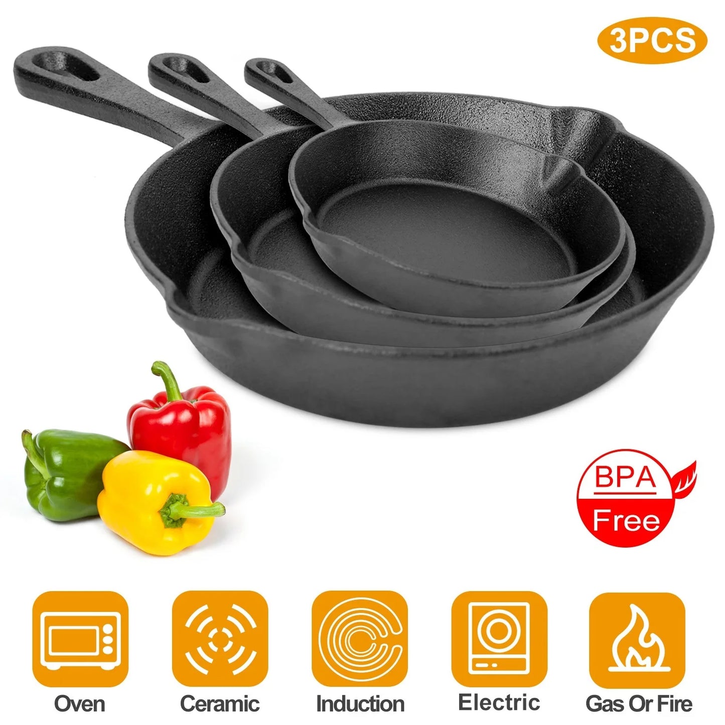 3Pcs Pre-Seasoned Cast Iron Skillet Set 6/8/10in