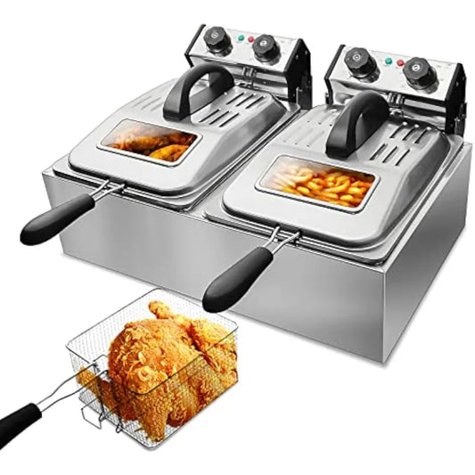 Dual Tank Electric Deep Fryer with 2 Baskets & Lids