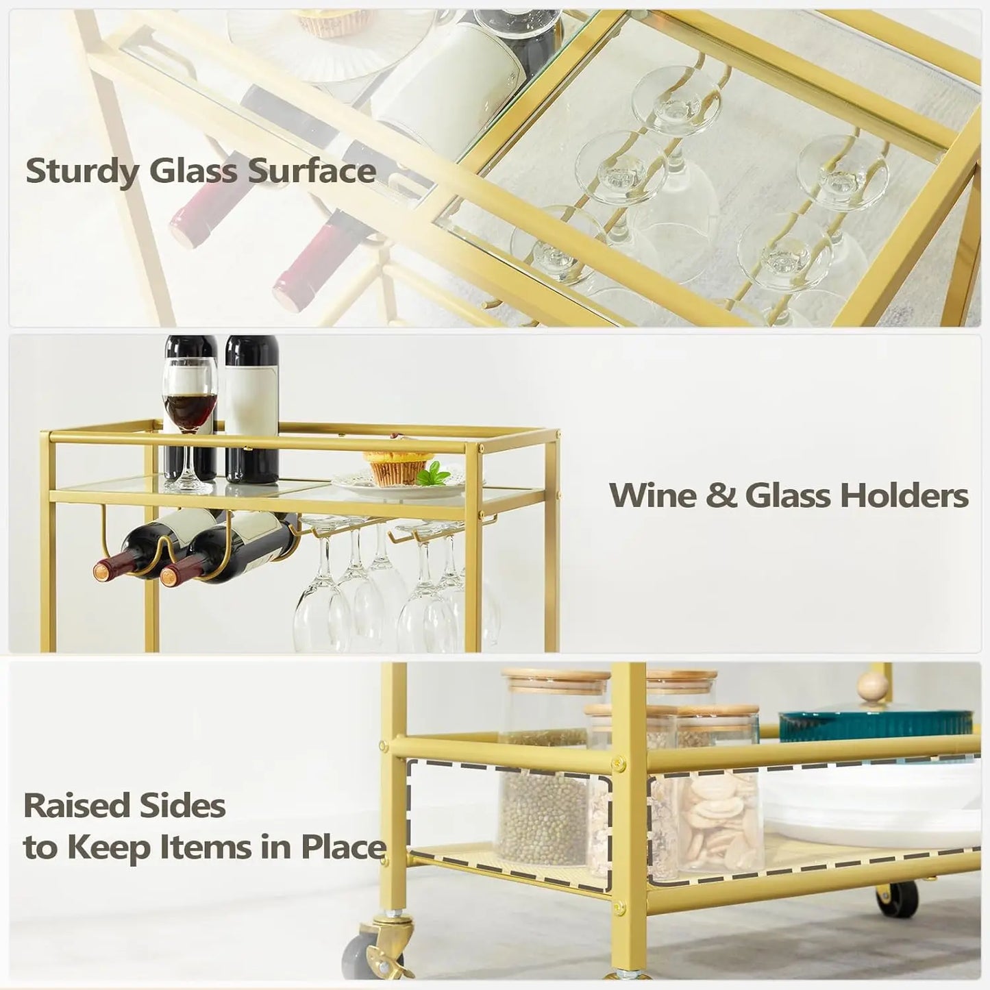 2-Tier Gold Bar Serving Cart On Wheels