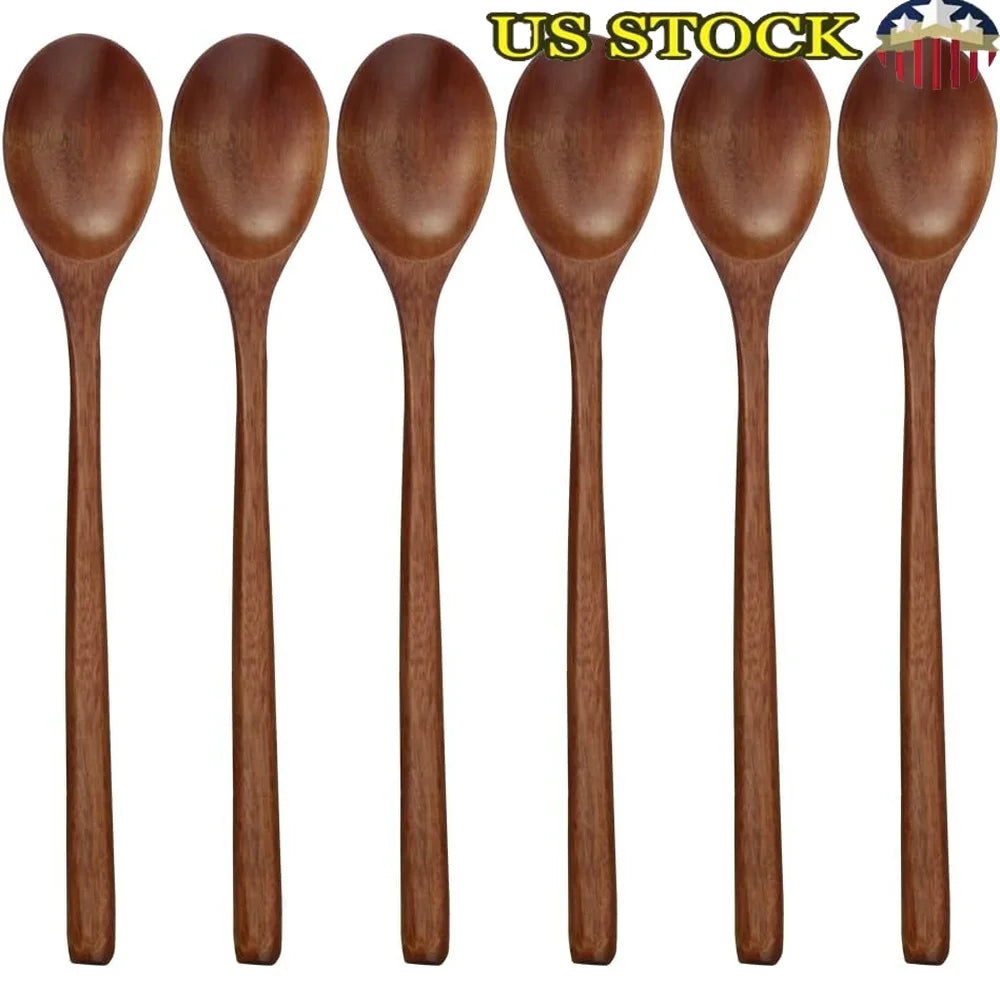 Wooden Spoons Set of 6 Long Handle 9 Inch