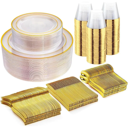 300Pcs Clear Gold Dinnerware Set with Heavy Duty Design for Elegant Home Dining and Events Includes 50 Dinner Plates 50 Dessert
