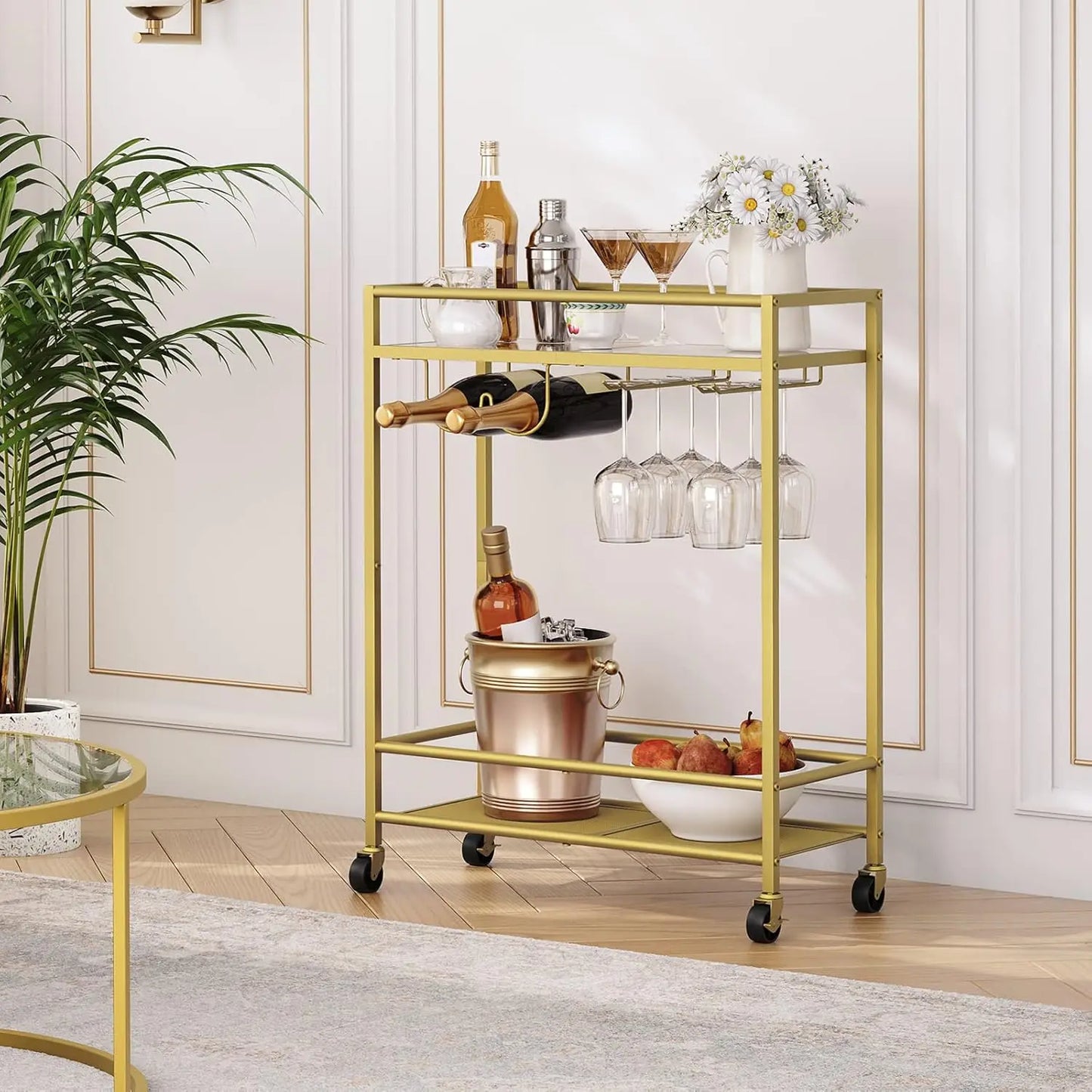 2-Tier Gold Bar Serving Cart On Wheels