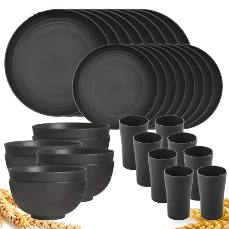 32 pieces black kitchen plastic wheat straw tableware set