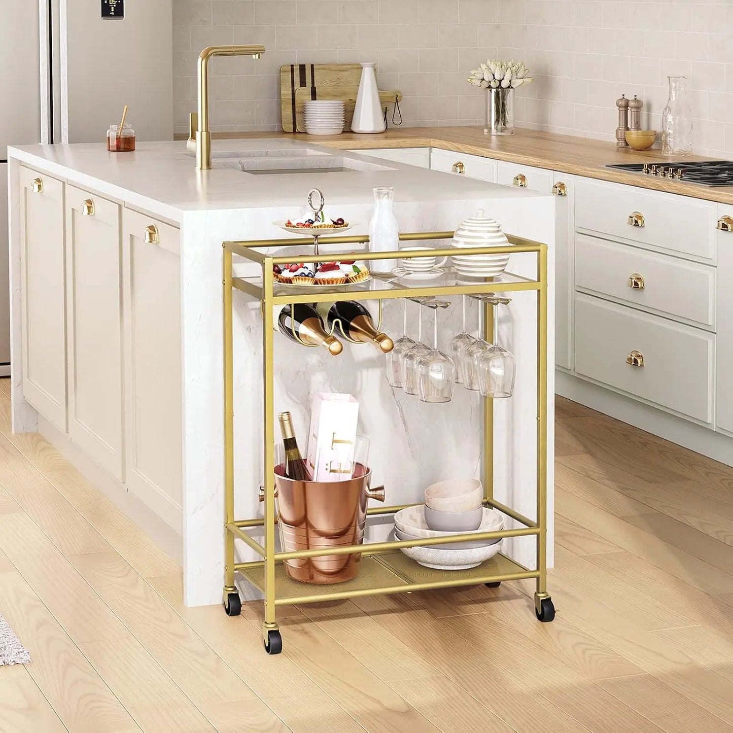 2-Tier Gold Bar Serving Cart On Wheels