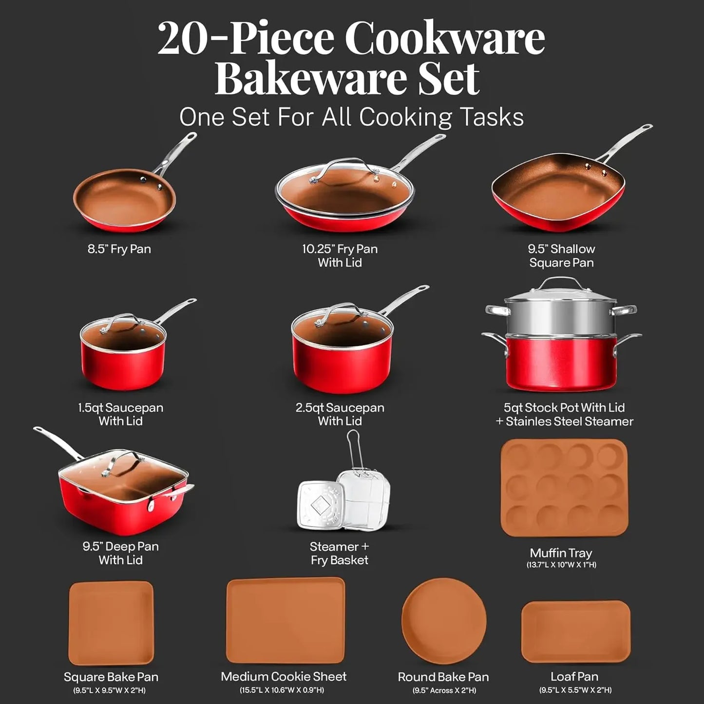 20 Pc Pots and Pans Nonstick Cookware + Bakeware Set with Lids