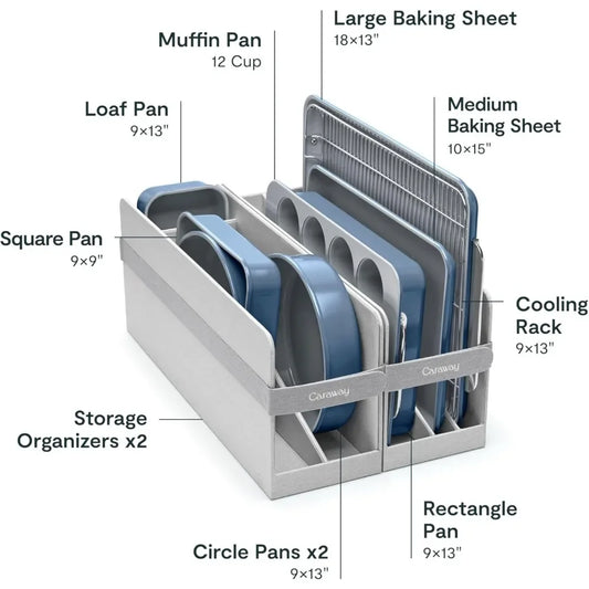 Nonstick Ceramic Bakeware Set (11 Pieces) - Baking Sheets, Assorted Baking Pans, Cooling Rack, & Storage