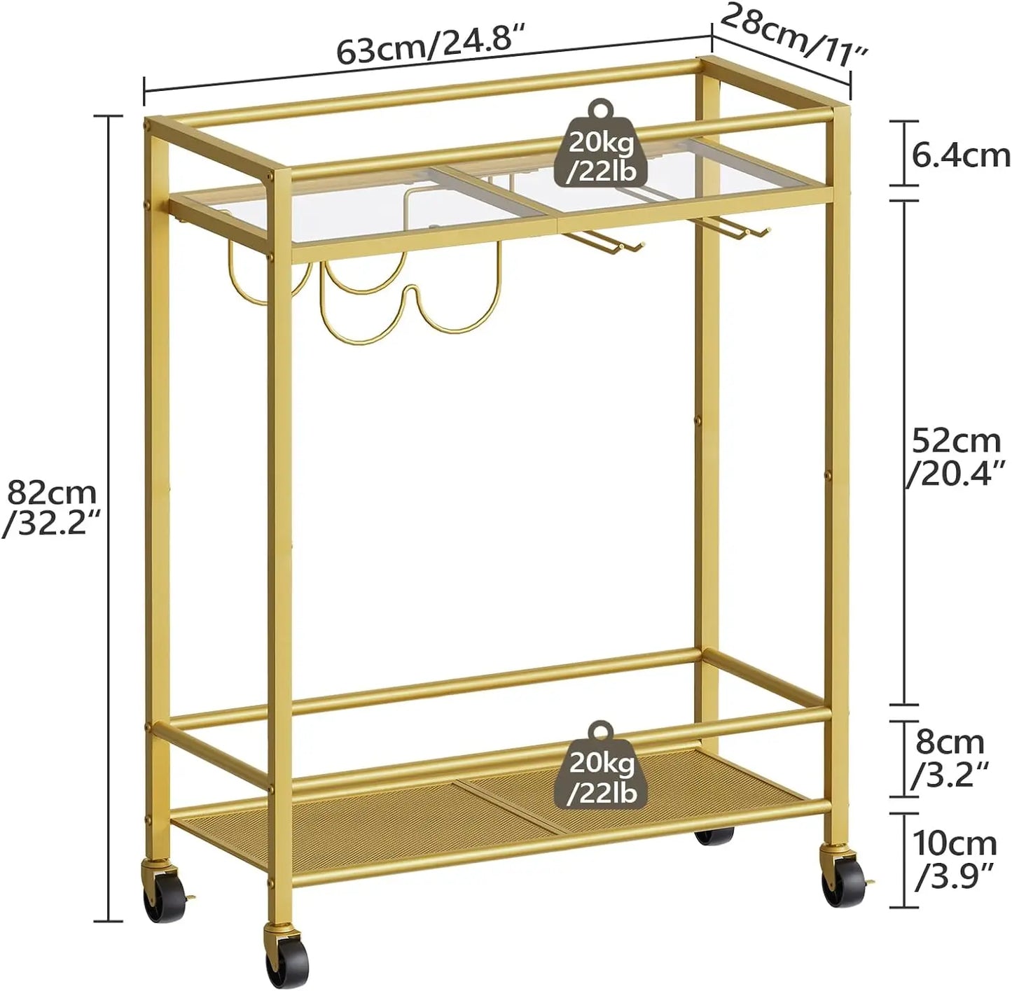 2-Tier Gold Bar Serving Cart On Wheels