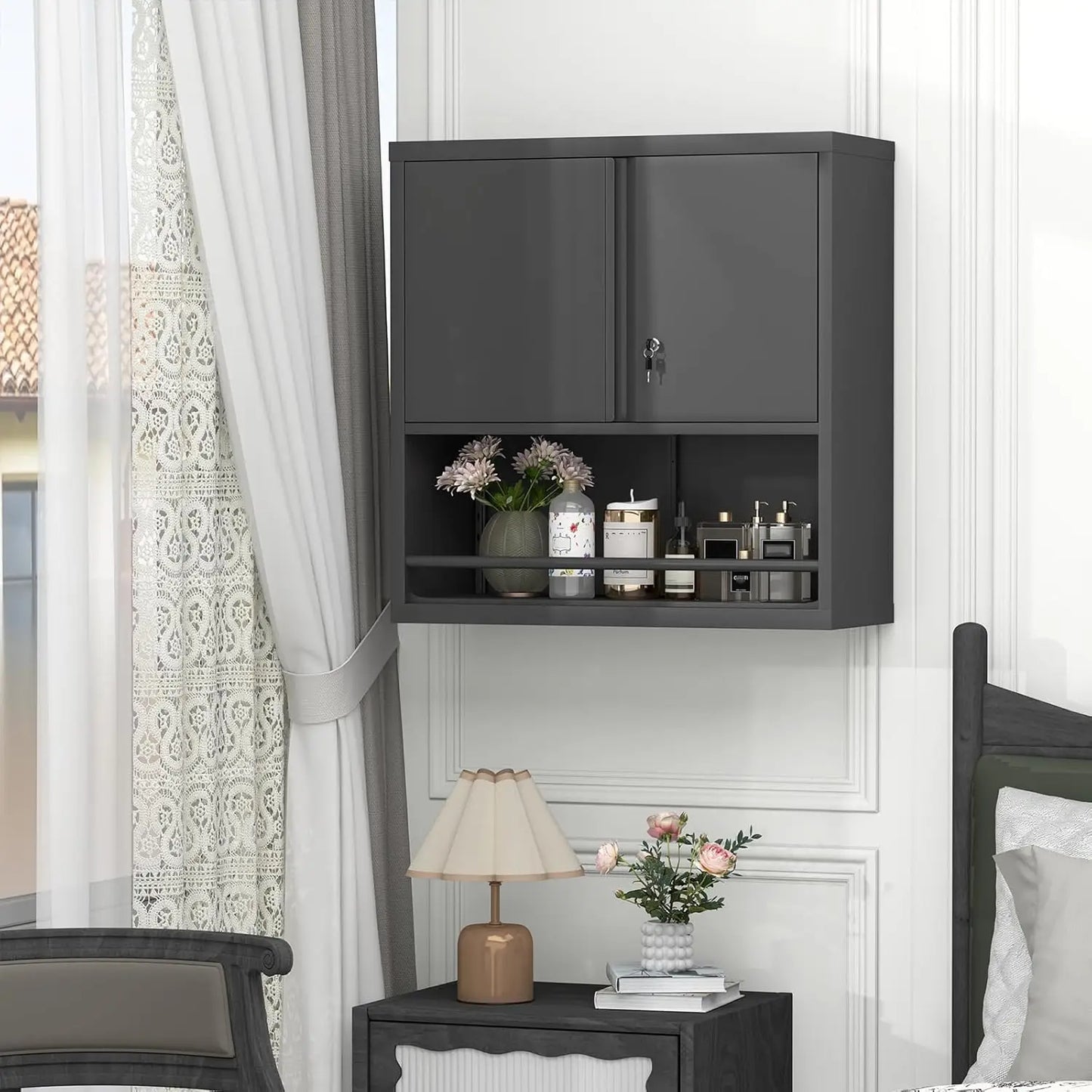 31" H Locking Metal Garage Storage Cabinet with Doors and Shelves, Lockable Wall Cabinet Storage, Black Steel Wall Mount