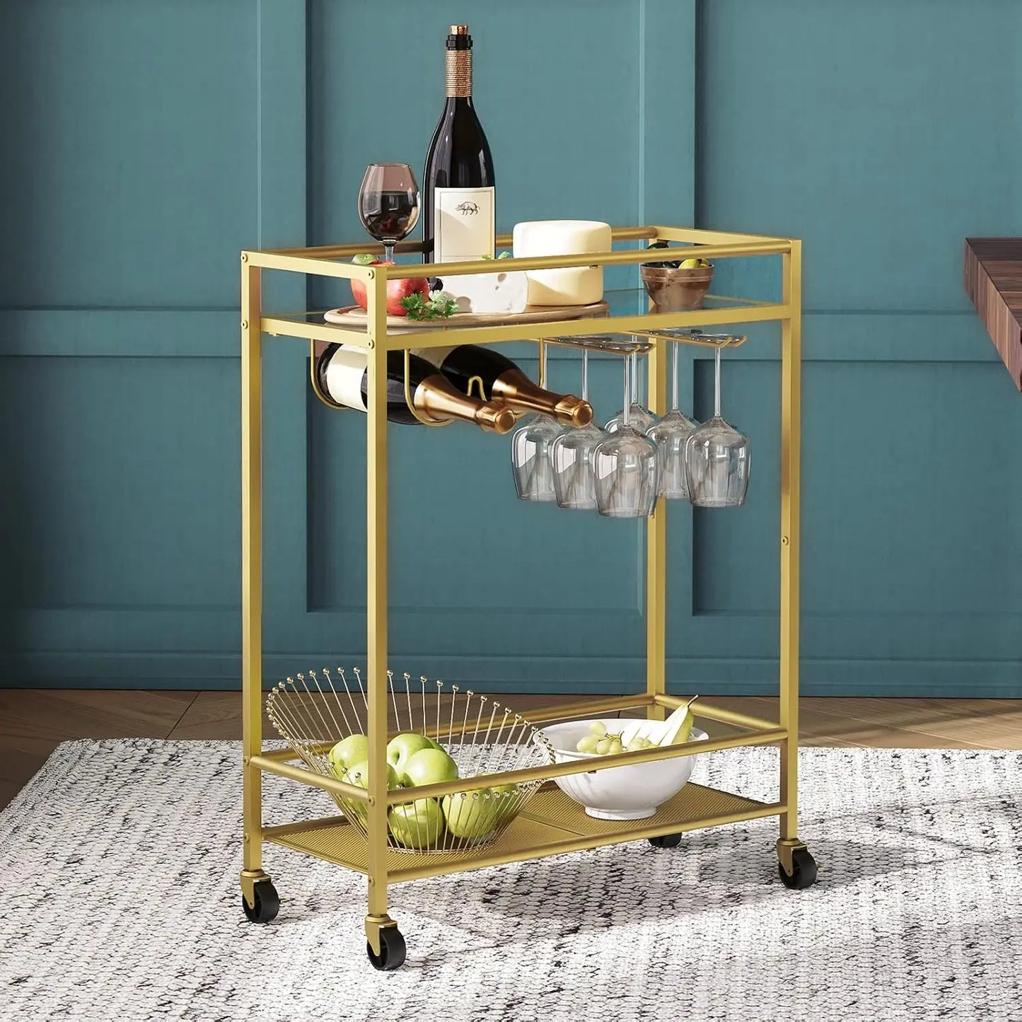 2-Tier Gold Bar Serving Cart On Wheels